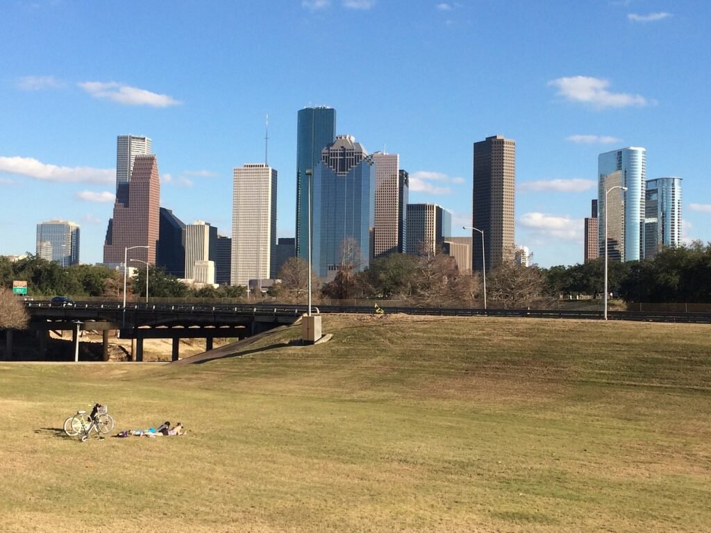 Greenspace can be found even in the most urban downtown areas.  Buffalo Bayou Park has grassy knolls that allow for outdoor enjoyment even in the city.